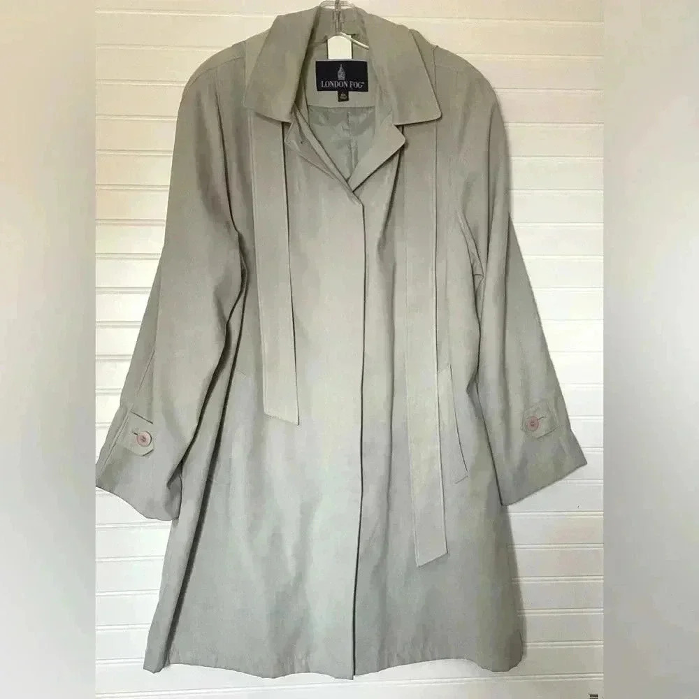 London Fog Suede Gray Trench Jacket with Hood & Belt Lightweight Size Large